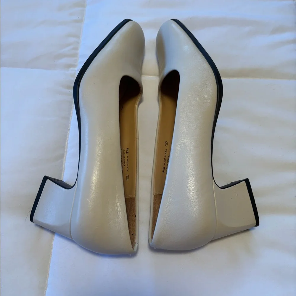Classic White Leather Block Heel Pumps, Minimalist Workwear Capsule